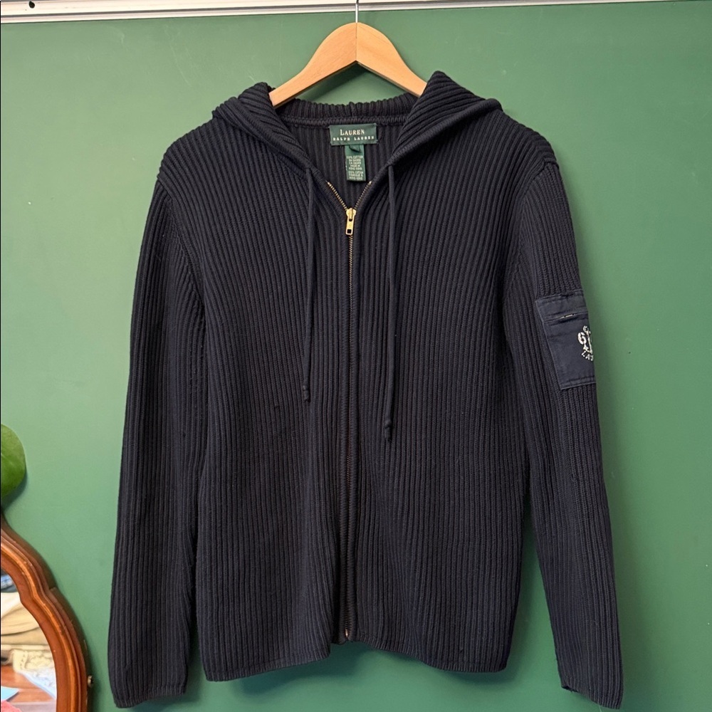 Lauren Ralph Lauren Navy 100% Cotton Zip-Up Hooded Ribbed Sweater w/sleeve logo